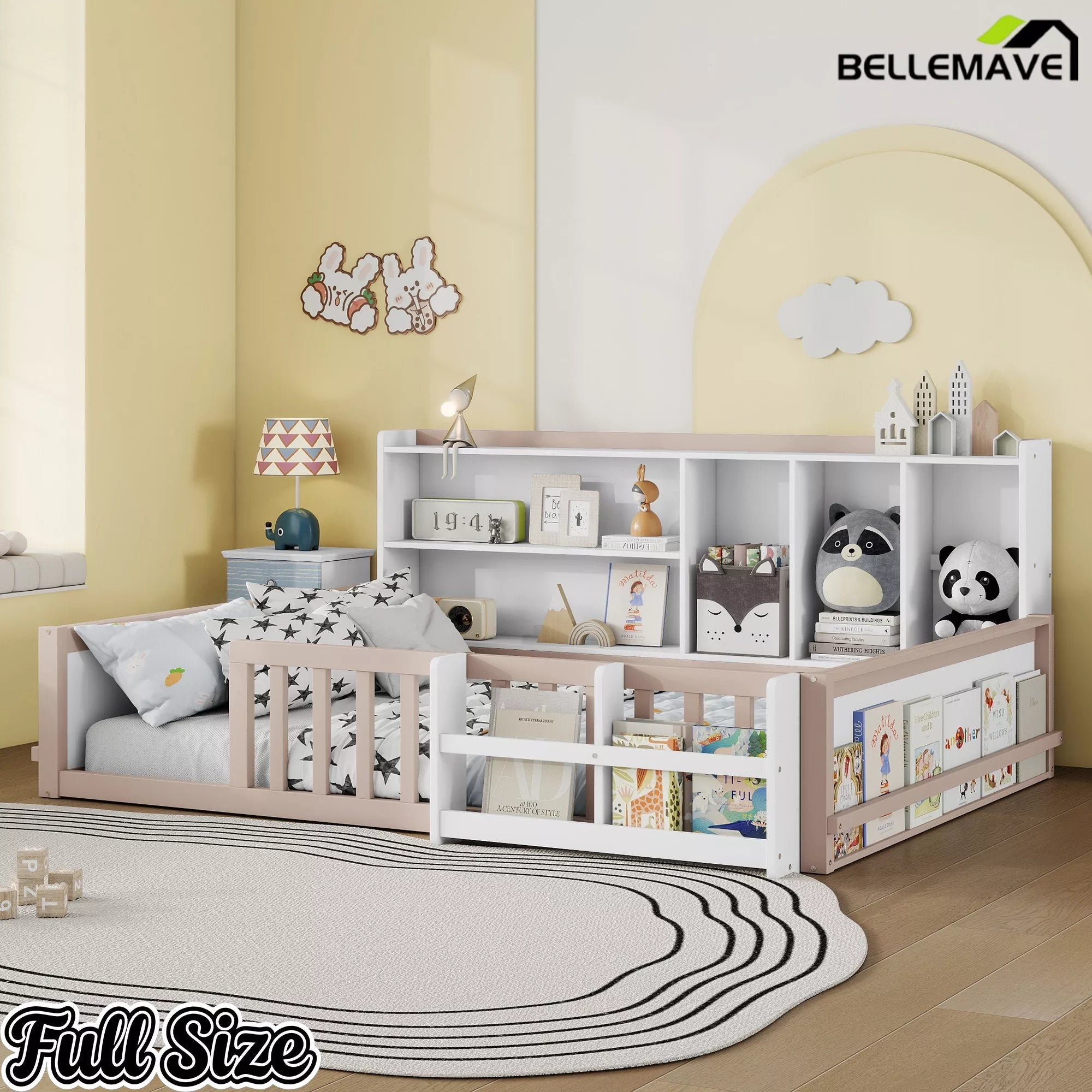 Bellemave® Kids Platform Bed with Guardrail Fence, Wooden Floor Bed Frame with Bookshelf & Side Storage Shelves - Bellemave