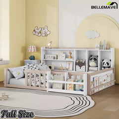 Bellemave® Kids Platform Bed with Guardrail Fence, Wooden Floor Bed Frame with Bookshelf & Side Storage Shelves - Bellemave