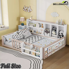 Bellemave® Kids Platform Bed with Guardrail Fence, Wooden Floor Bed Frame with Bookshelf & Side Storage Shelves - Bellemave
