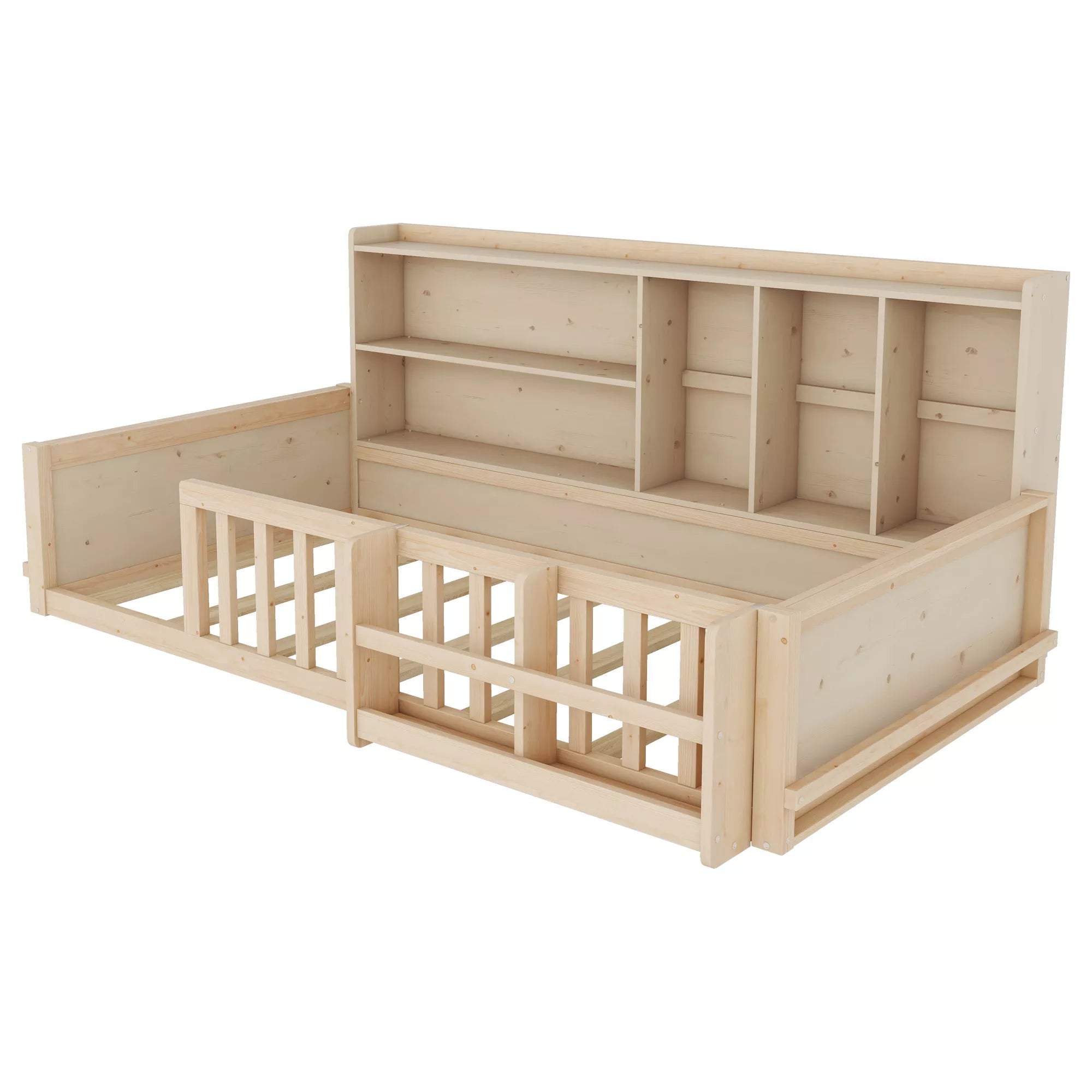 Bellemave® Kids Platform Bed with Guardrail Fence, Wooden Floor Bed Frame with Bookshelf & Side Storage Shelves - Bellemave