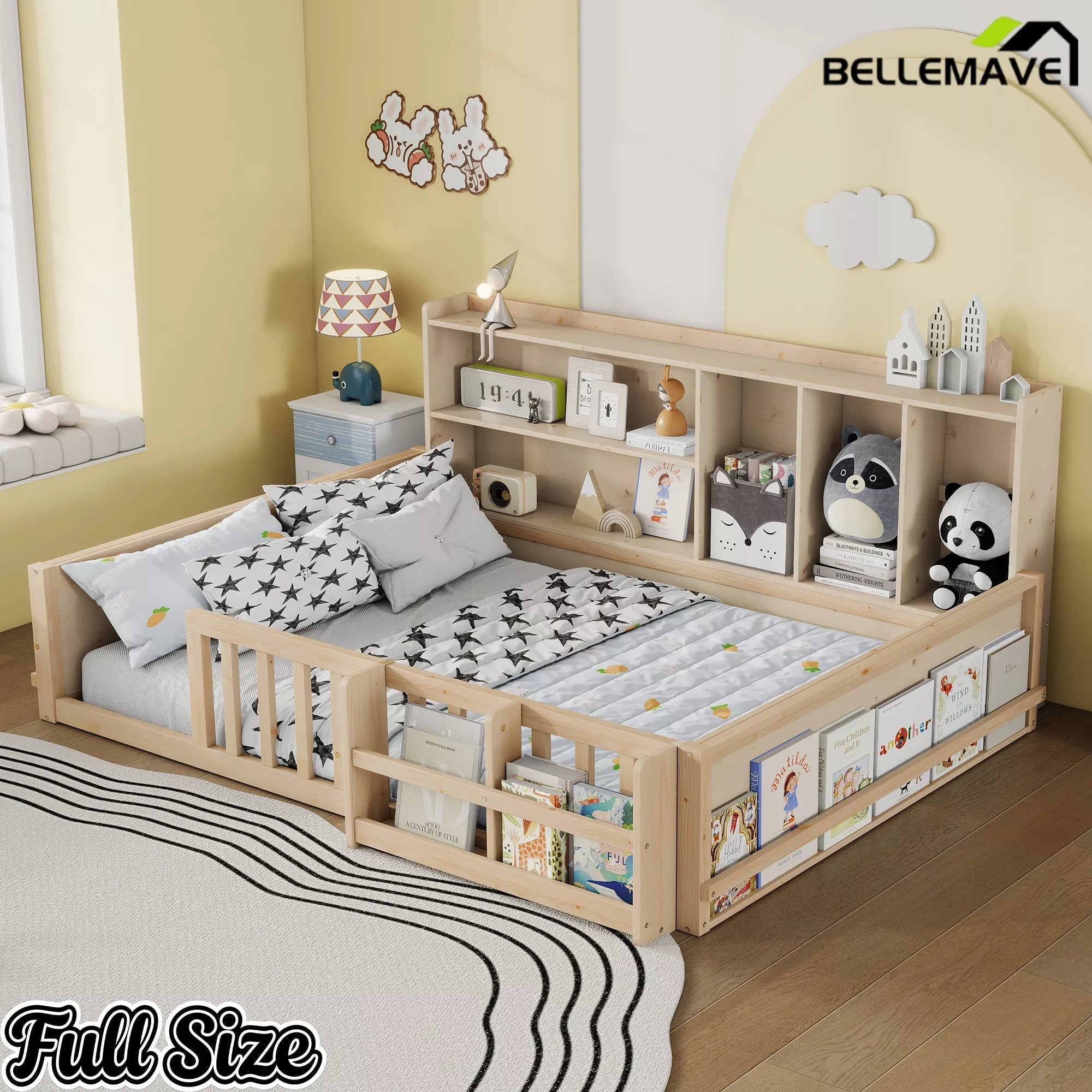 Bellemave® Kids Platform Bed with Guardrail Fence, Wooden Floor Bed Frame with Bookshelf & Side Storage Shelves - Bellemave