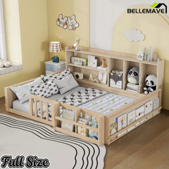 Bellemave® Kids Platform Bed with Guardrail Fence, Wooden Floor Bed Frame with Bookshelf & Side Storage Shelves - Bellemave