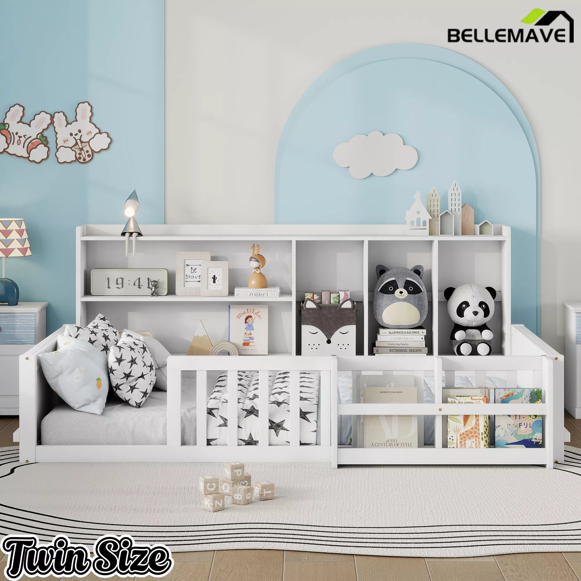 Bellemave® Kids Platform Bed with Guardrail Fence, Wooden Floor Bed Frame with Bookshelf & Side Storage Shelves - Bellemave