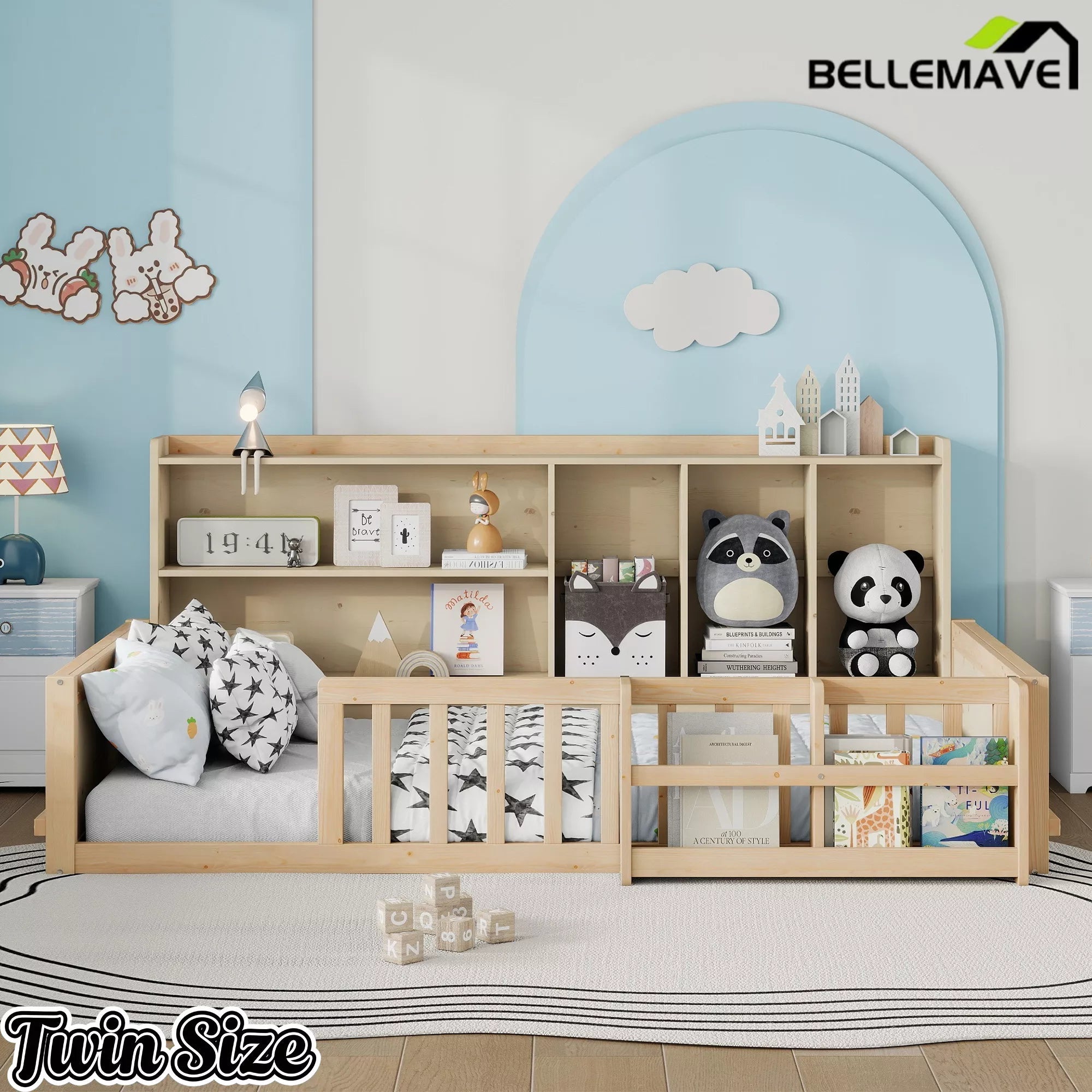 Bellemave® Kids Platform Bed with Guardrail Fence, Wooden Floor Bed Frame with Bookshelf & Side Storage Shelves - Bellemave
