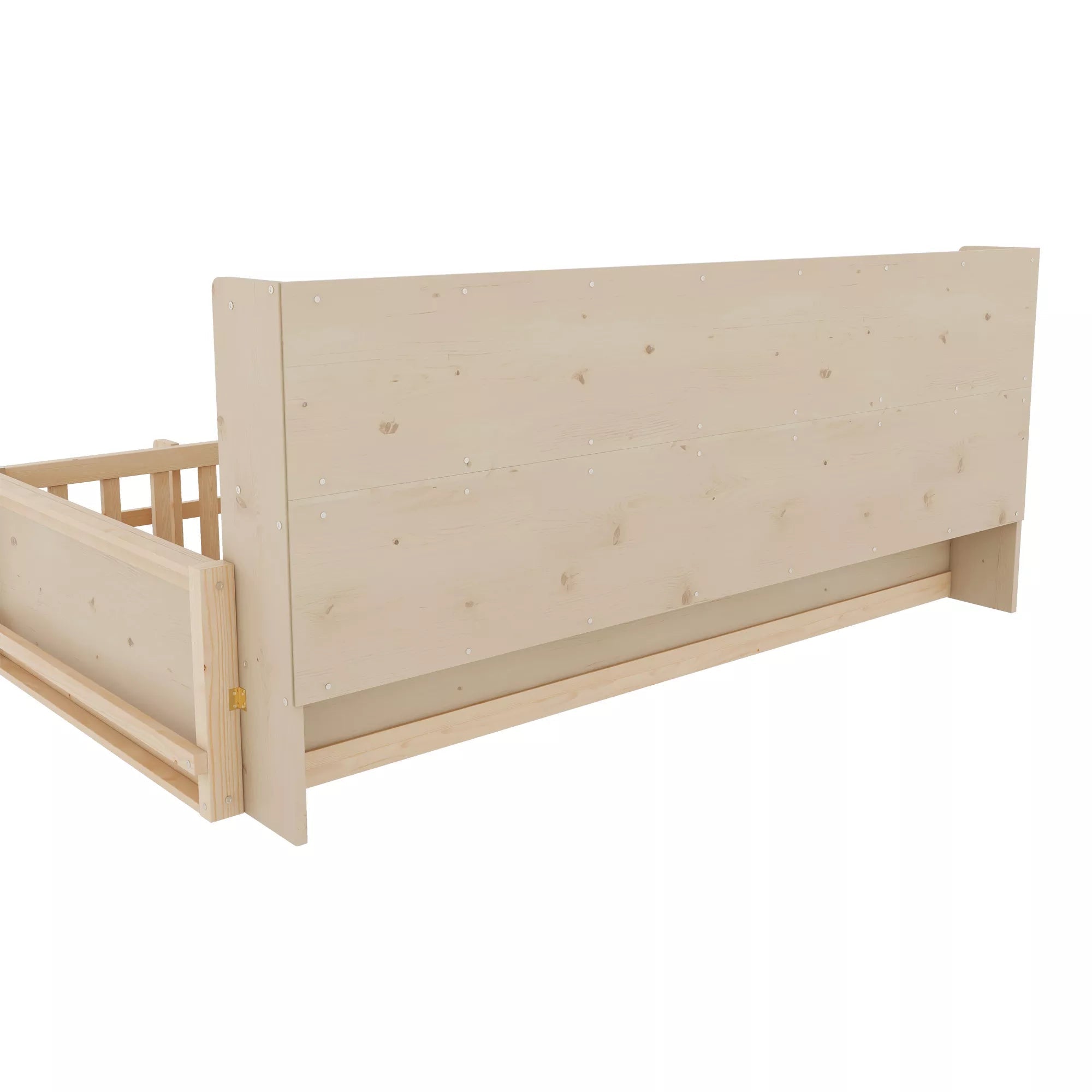 Bellemave® Kids Platform Bed with Guardrail Fence, Wooden Floor Bed Frame with Bookshelf & Side Storage Shelves - Bellemave