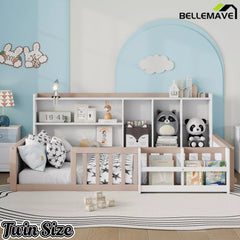 Bellemave® Kids Platform Bed with Guardrail Fence, Wooden Floor Bed Frame with Bookshelf & Side Storage Shelves - Bellemave