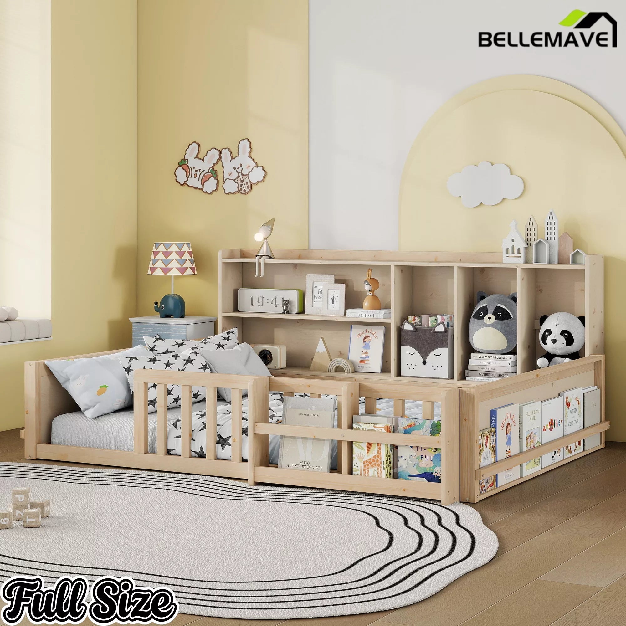 Bellemave® Kids Platform Bed with Guardrail Fence, Wooden Floor Bed Frame with Bookshelf & Side Storage Shelves - Bellemave