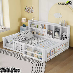 Bellemave® Kids Platform Bed with Guardrail Fence, Wooden Floor Bed Frame with Bookshelf & Side Storage Shelves - Bellemave