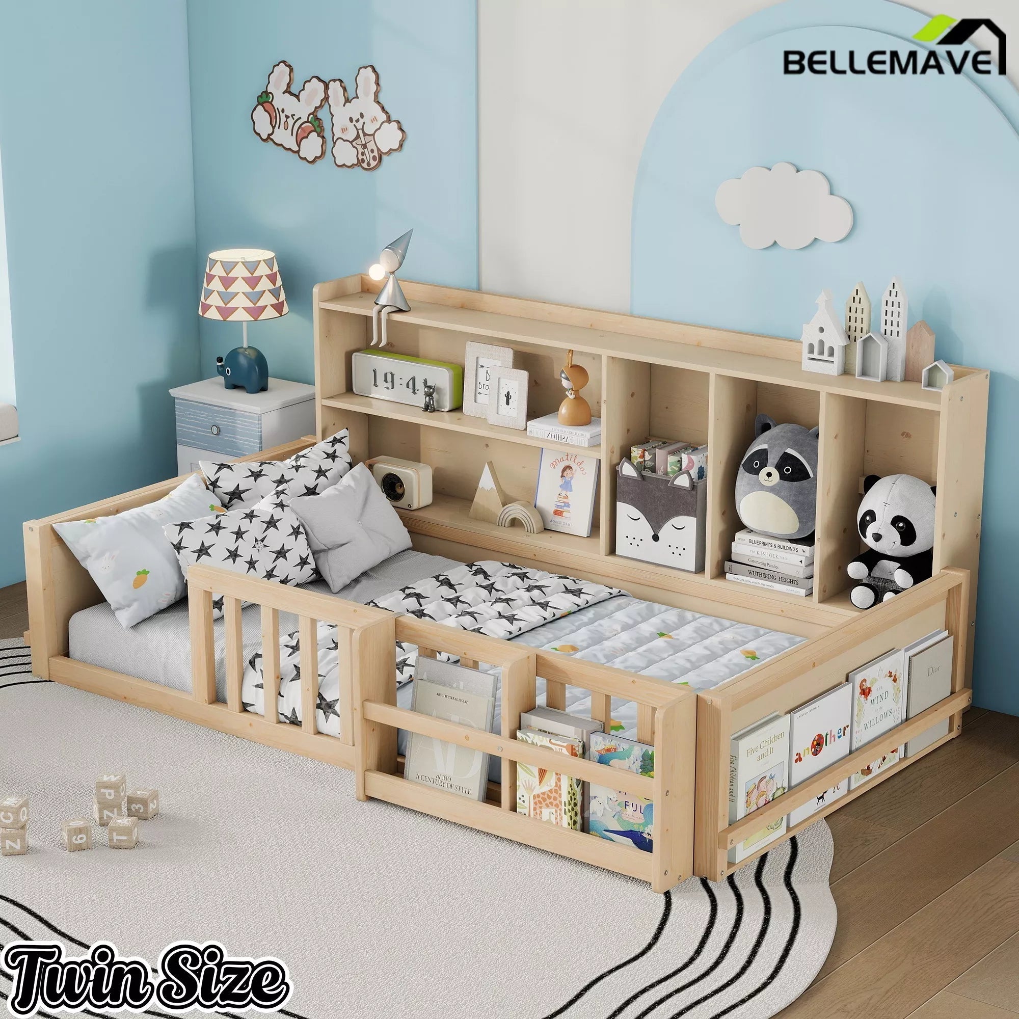 Bellemave® Kids Platform Bed with Guardrail Fence, Wooden Floor Bed Frame with Bookshelf & Side Storage Shelves - Bellemave