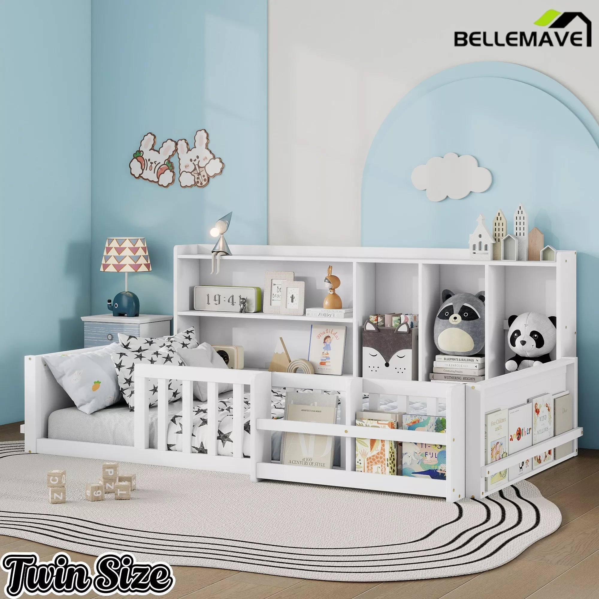 Bellemave® Kids Platform Bed with Guardrail Fence, Wooden Floor Bed Frame with Bookshelf & Side Storage Shelves - Bellemave