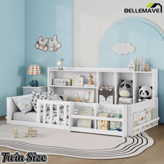 Bellemave® Kids Platform Bed with Guardrail Fence, Wooden Floor Bed Frame with Bookshelf & Side Storage Shelves - Bellemave