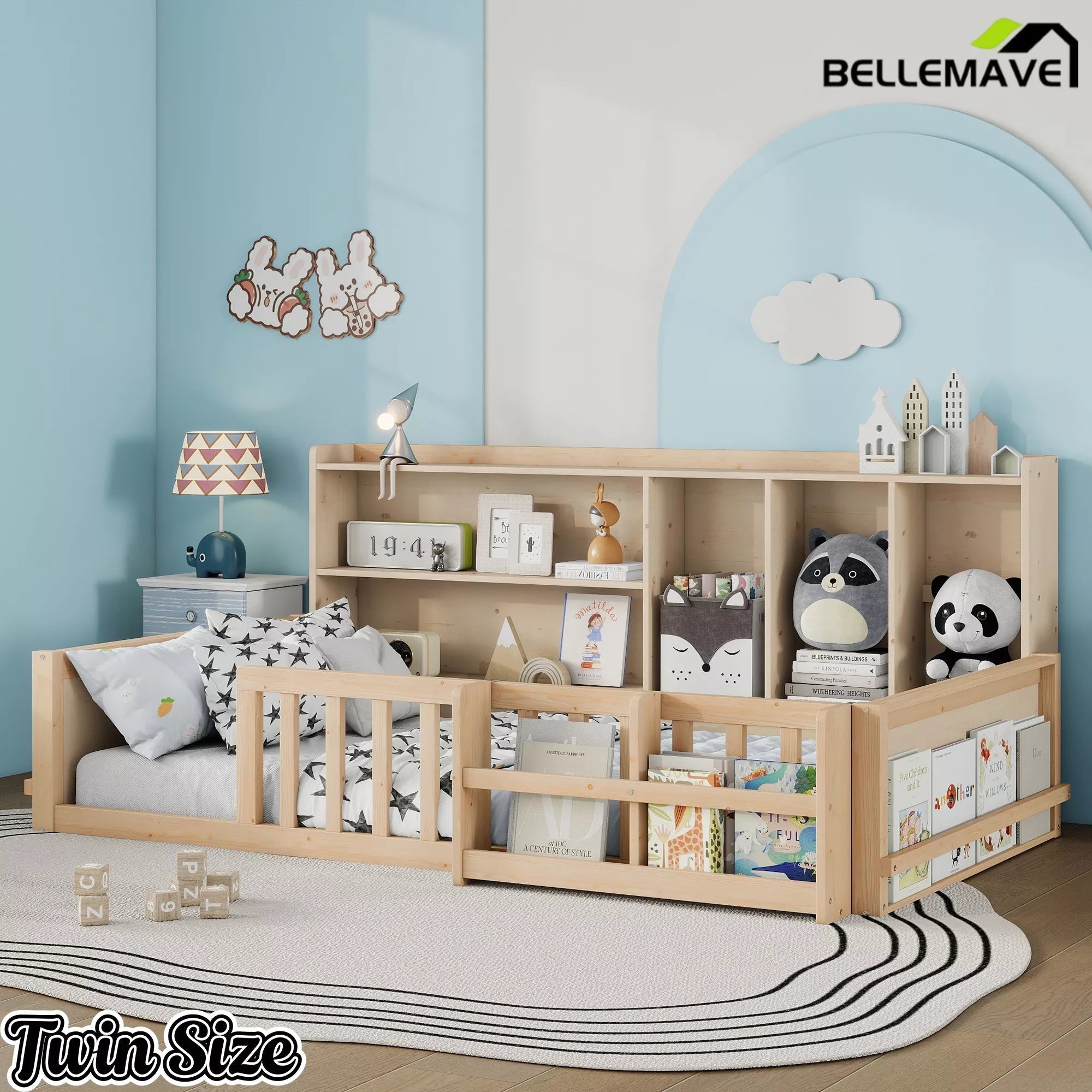 Bellemave® Kids Platform Bed with Guardrail Fence, Wooden Floor Bed Frame with Bookshelf & Side Storage Shelves - Bellemave