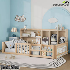 Bellemave® Kids Platform Bed with Guardrail Fence, Wooden Floor Bed Frame with Bookshelf & Side Storage Shelves - Bellemave