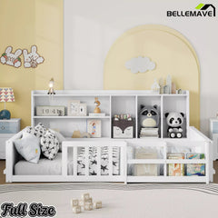 Bellemave® Kids Platform Bed with Guardrail Fence, Wooden Floor Bed Frame with Bookshelf & Side Storage Shelves - Bellemave