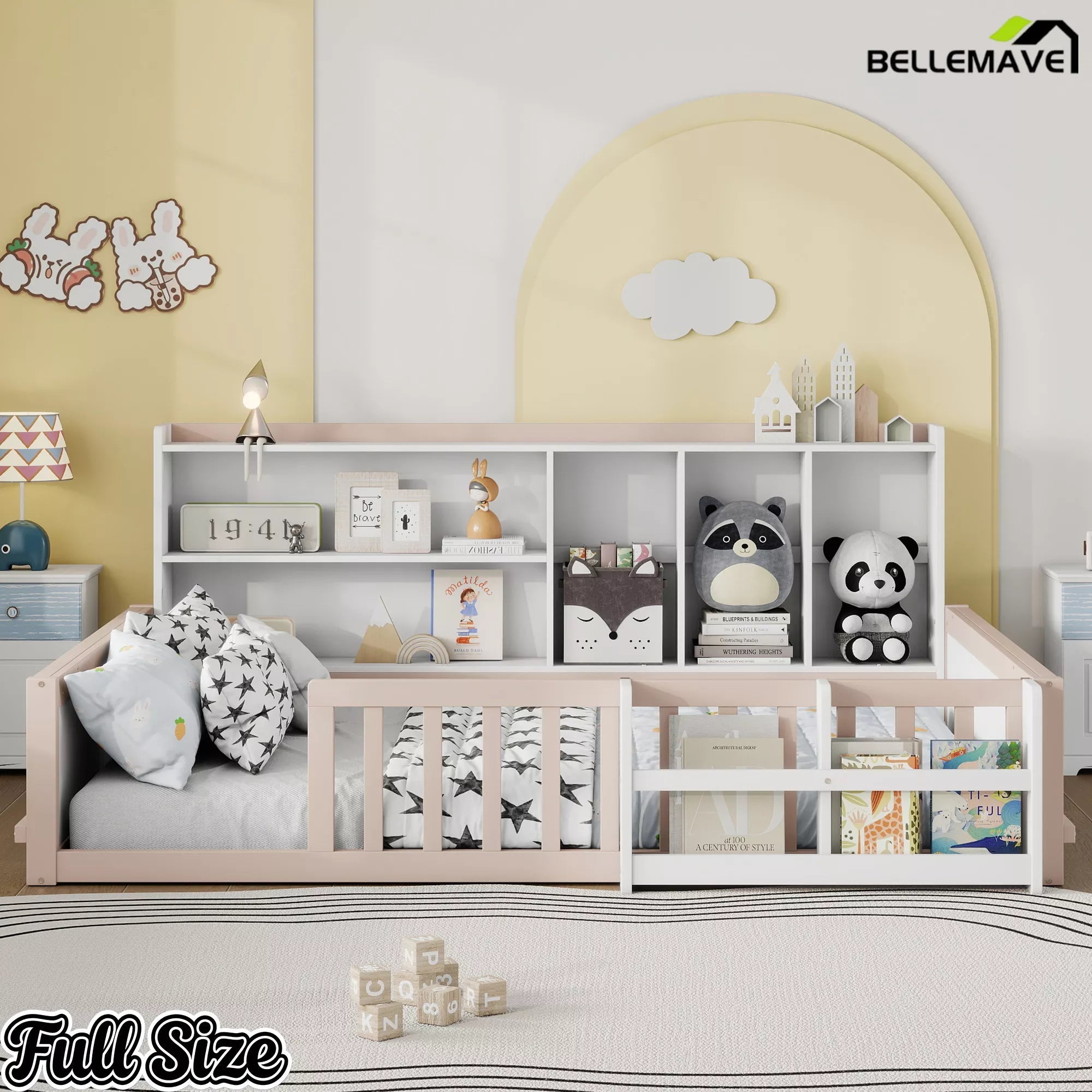 Bellemave® Kids Platform Bed with Guardrail Fence, Wooden Floor Bed Frame with Bookshelf & Side Storage Shelves - Bellemave