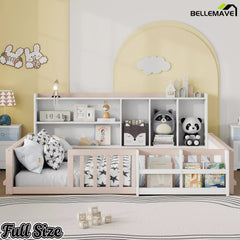 Bellemave® Kids Platform Bed with Guardrail Fence, Wooden Floor Bed Frame with Bookshelf & Side Storage Shelves - Bellemave