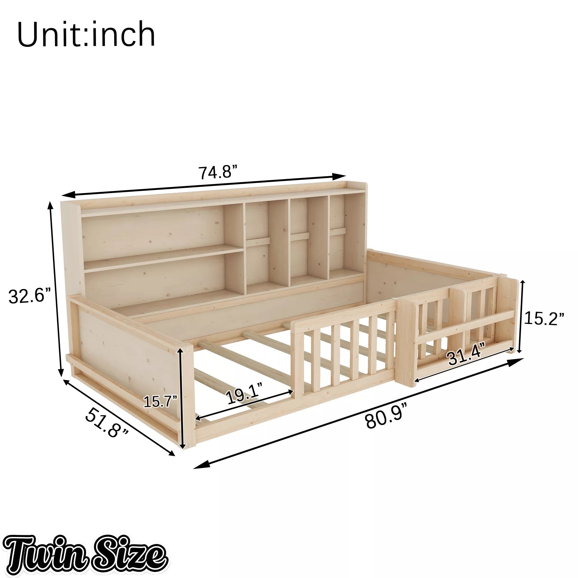 Bellemave® Kids Platform Bed with Guardrail Fence, Wooden Floor Bed Frame with Bookshelf & Side Storage Shelves - Bellemave
