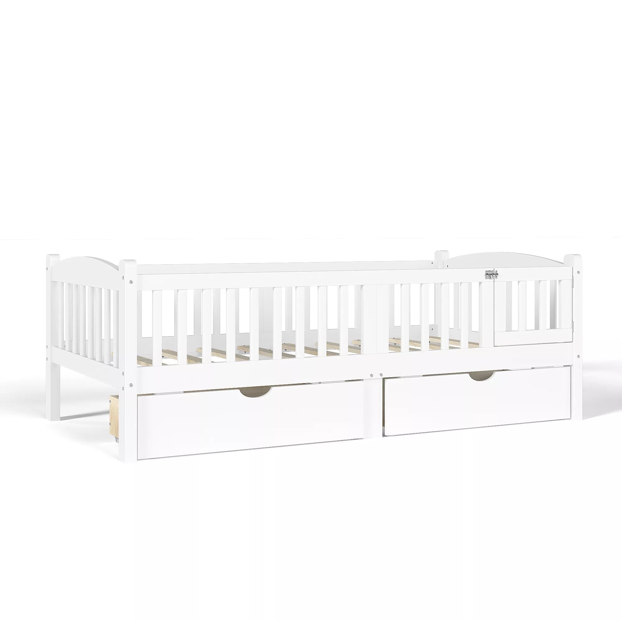 white platform bed frame with storage drawers