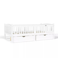 white platform bed frame with storage drawers