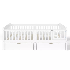 white children's platform bed side view with guardrails