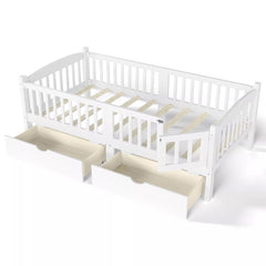 white kids platform bed with storage drawers and guardrails
