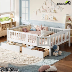 white platform bed with storage drawers and guardrails