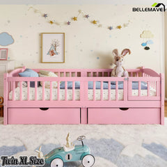 pink platform bed with storage drawers