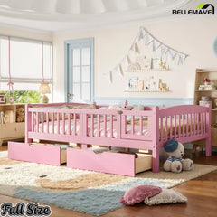 pink children's platform bed with guardrails