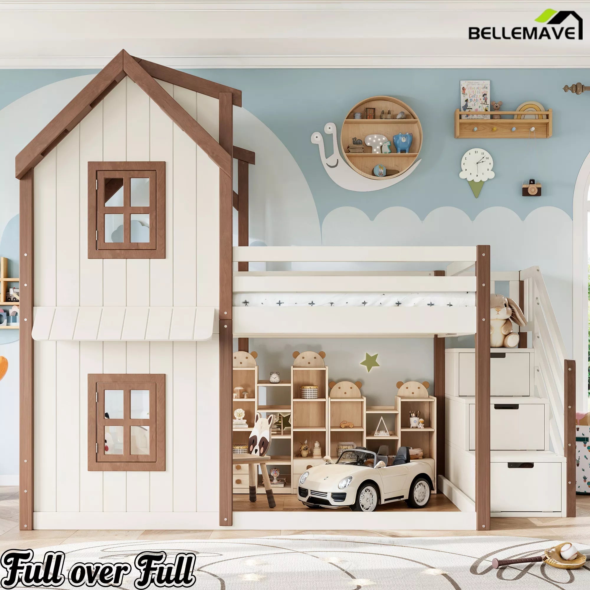 Bellemave® Kids Playhouse Bunk Bed with Storage Stairs, Solid Wood House Bunk Bed Frame with Roof & Windows - Bellemave