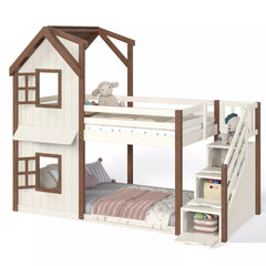 Bellemave® Kids Playhouse Bunk Bed with Storage Stairs, Solid Wood House Bunk Bed Frame with Roof & Windows - Bellemave