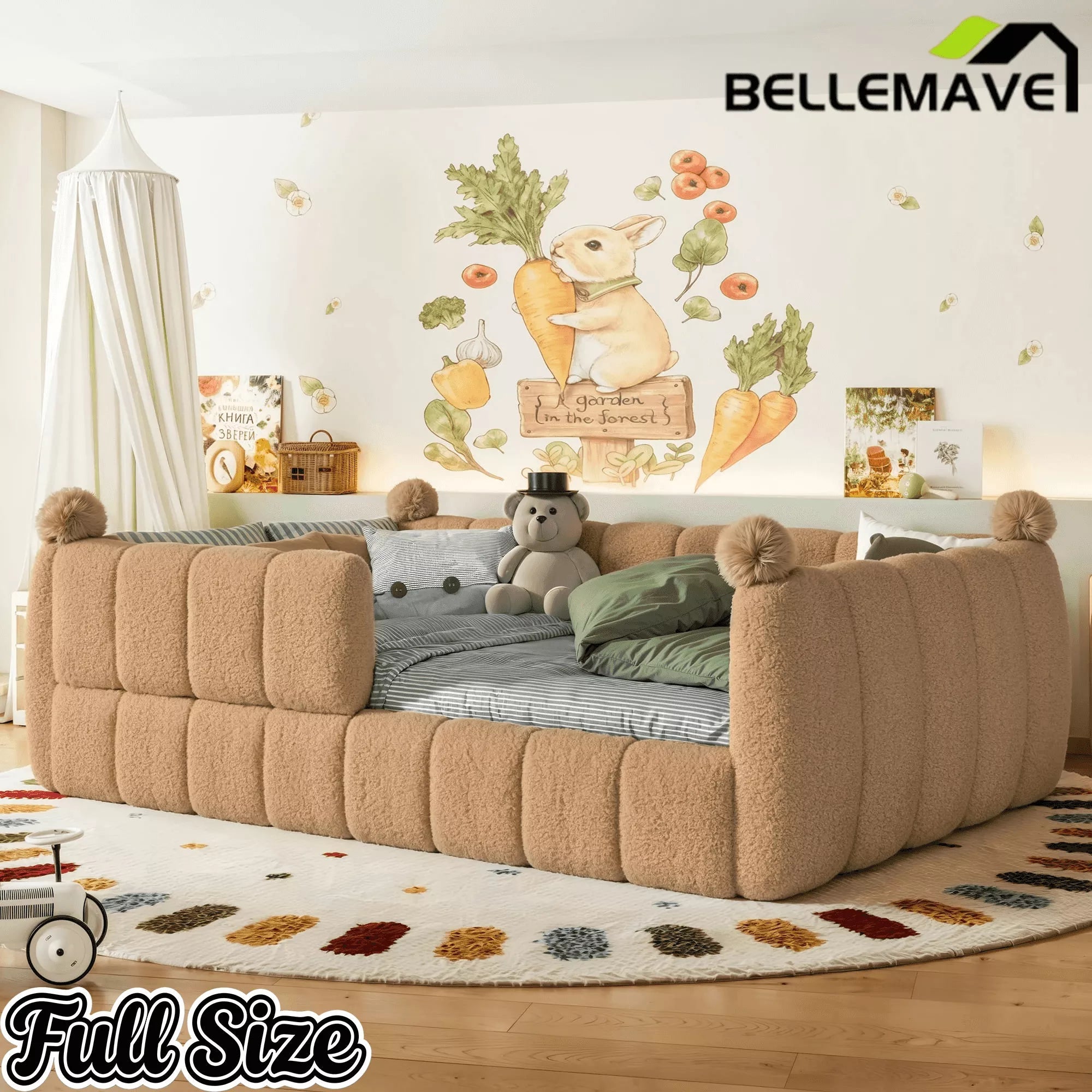 Bellemave® Kids Soft Upholstered Floor Bed with Surrounding Rails, Montessori Style Low Profile Bed Frame - Bellemave