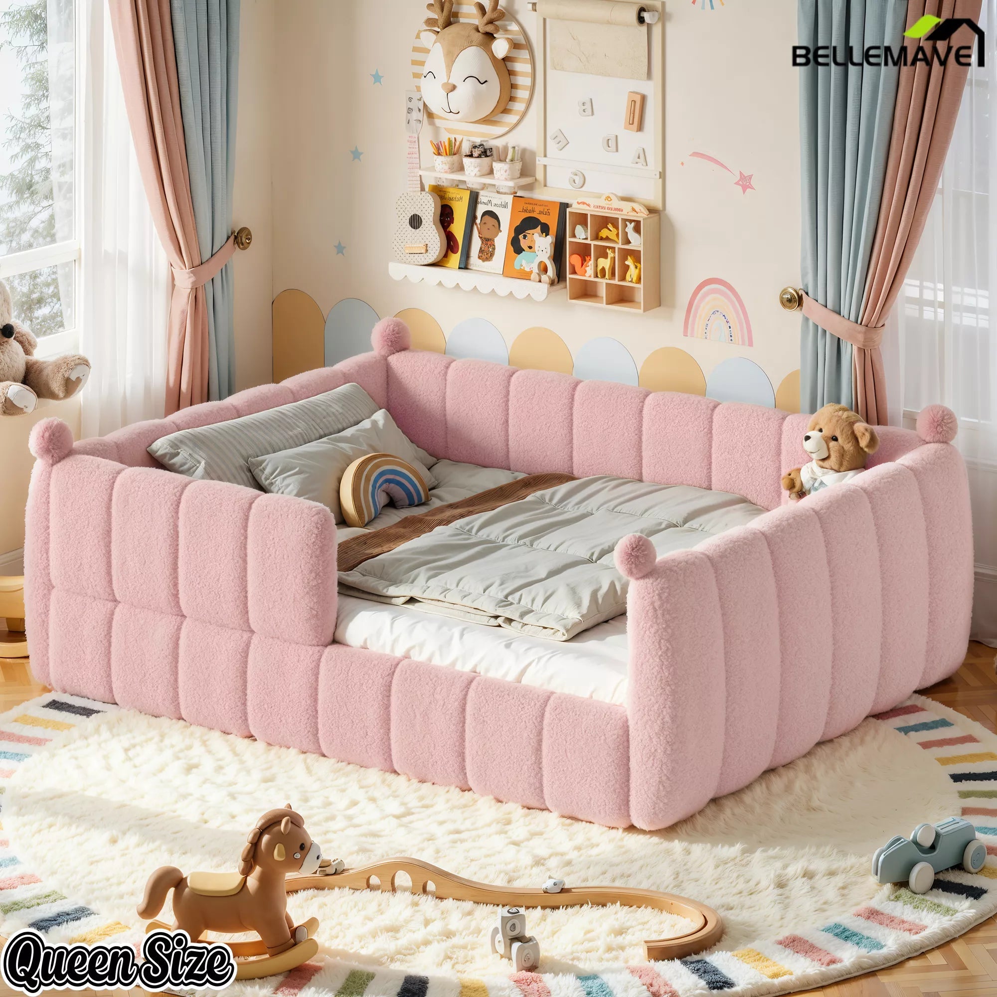 Pink queen size kids floor bed displayed from a bedroom corner view
