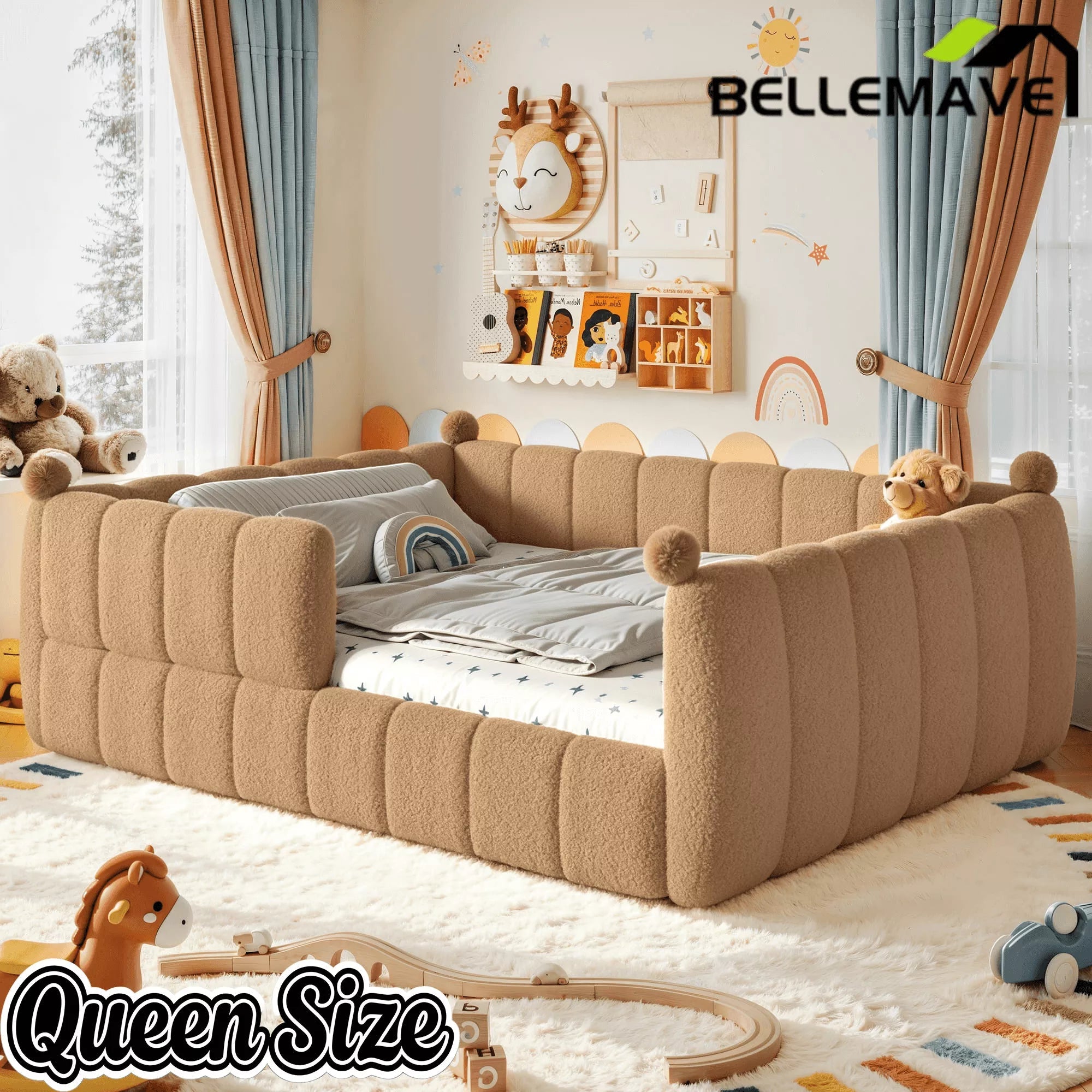Bellemave® Kids Soft Upholstered Floor Bed with Surrounding Rails, Montessori Style Low Profile Bed Frame - Bellemave