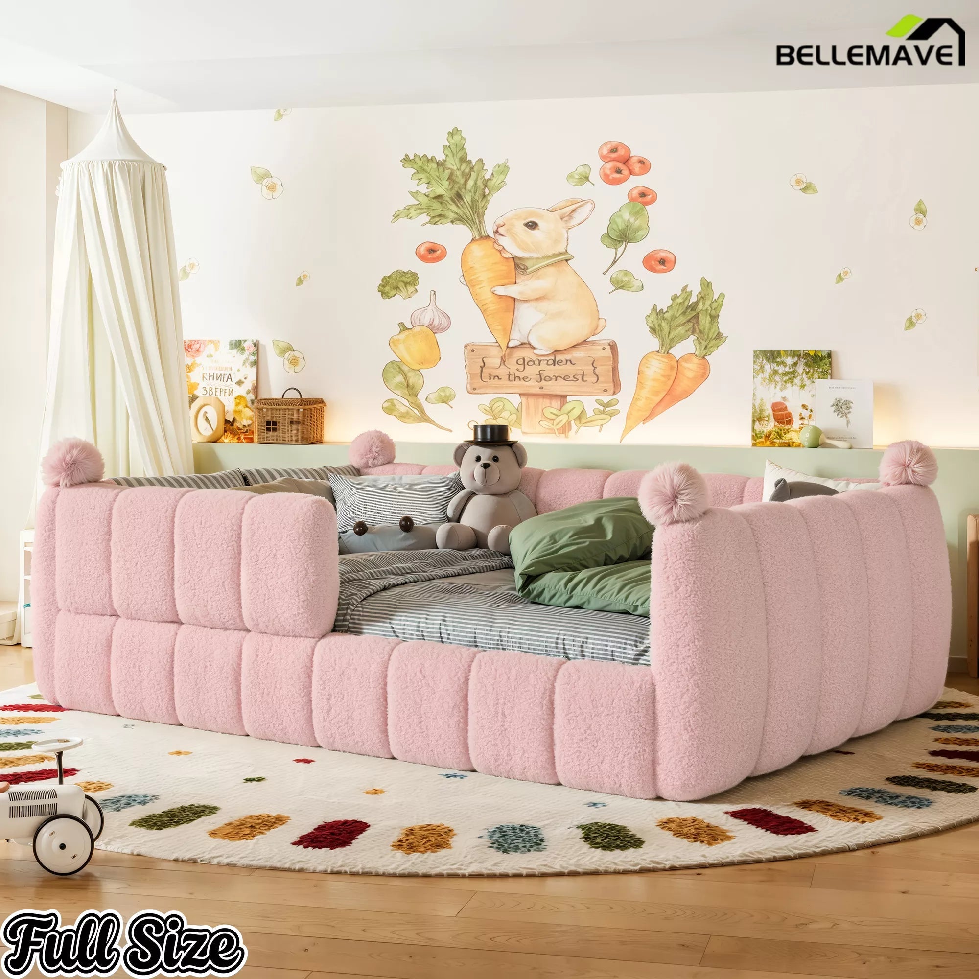 Pink upholstered kids floor bed displayed from the front in a children's room