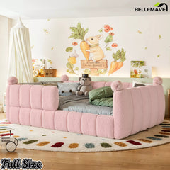 Pink upholstered kids floor bed displayed from the front in a children's room