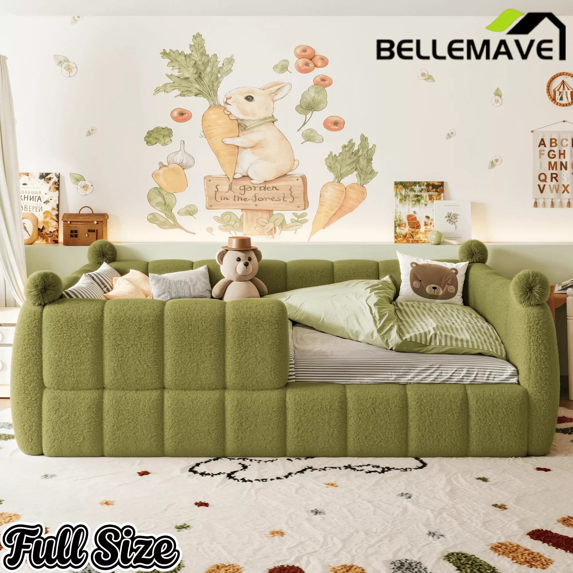 Bellemave® Kids Soft Upholstered Floor Bed with Surrounding Rails, Montessori Style Low Profile Bed Frame - Bellemave