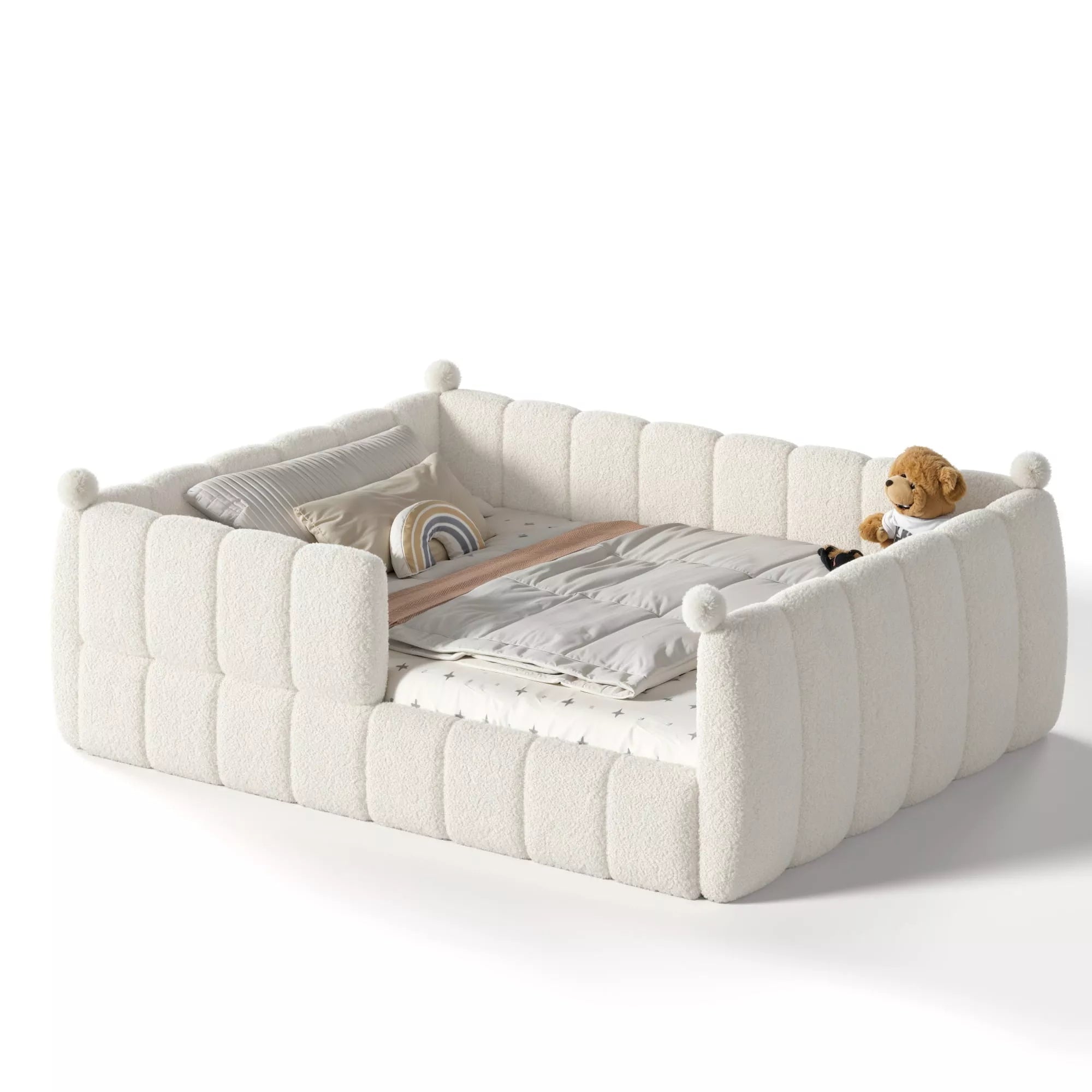 Bellemave® Kids Soft Upholstered Floor Bed with Surrounding Rails, Montessori Style Low Profile Bed Frame - Bellemave