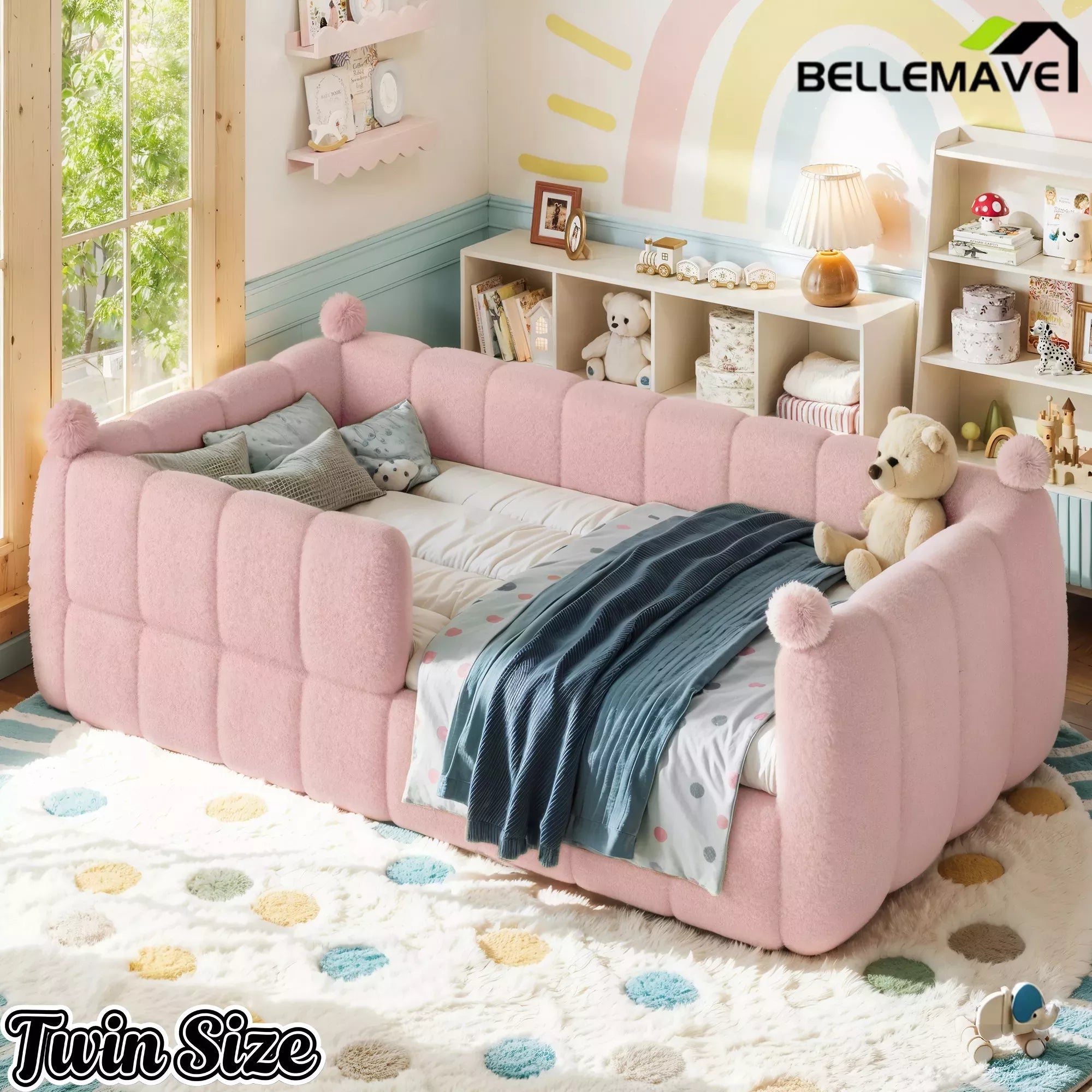 Bellemave® Kids Soft Upholstered Floor Bed with Surrounding Rails, Montessori Style Low Profile Bed Frame - Bellemave