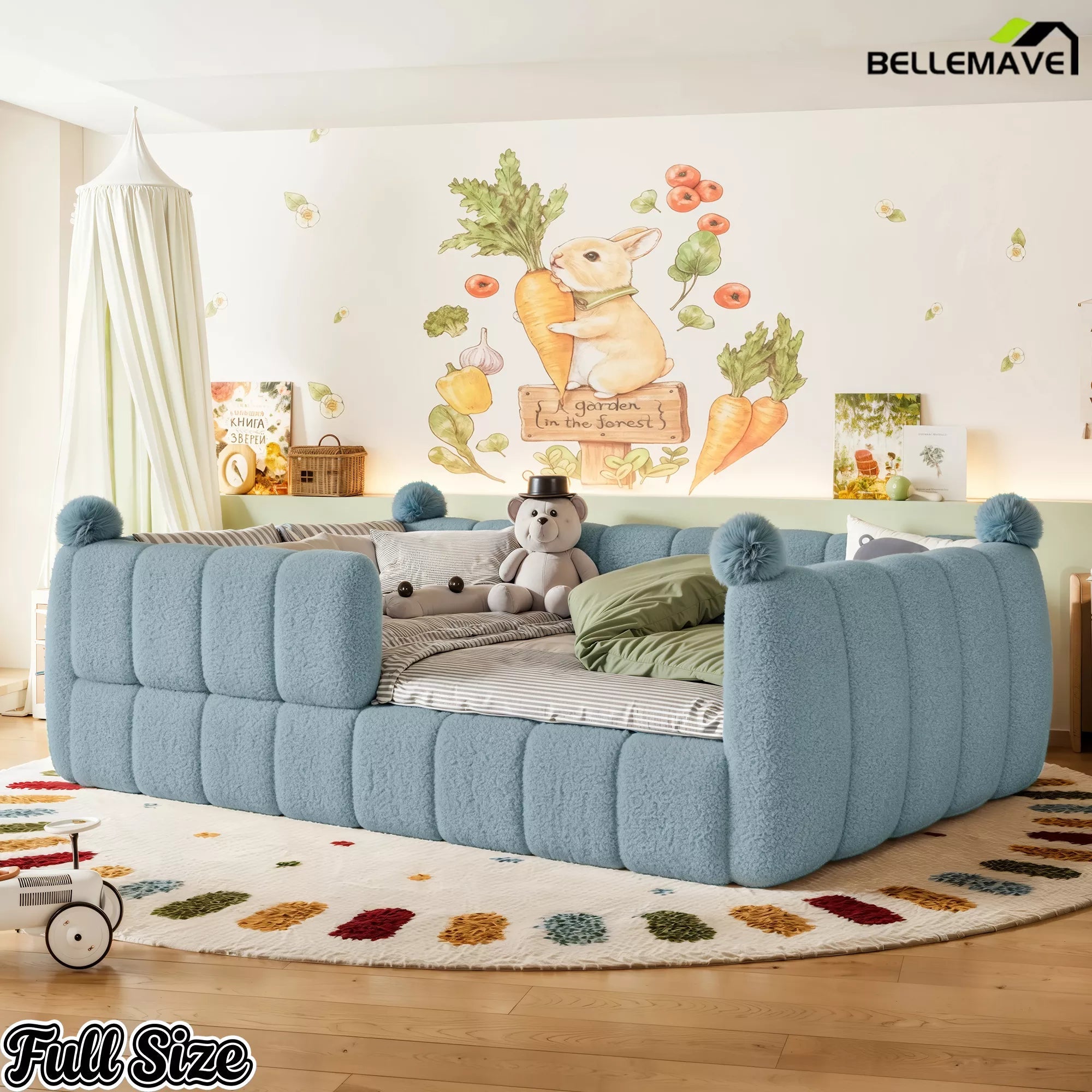 Blue upholstered full floor bed shown from an angled bedroom perspective