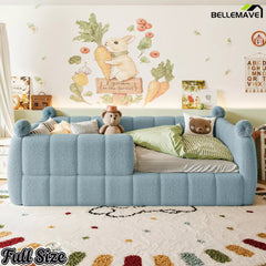 Blue upholstered full size kids floor bed displayed in a children's bedroom