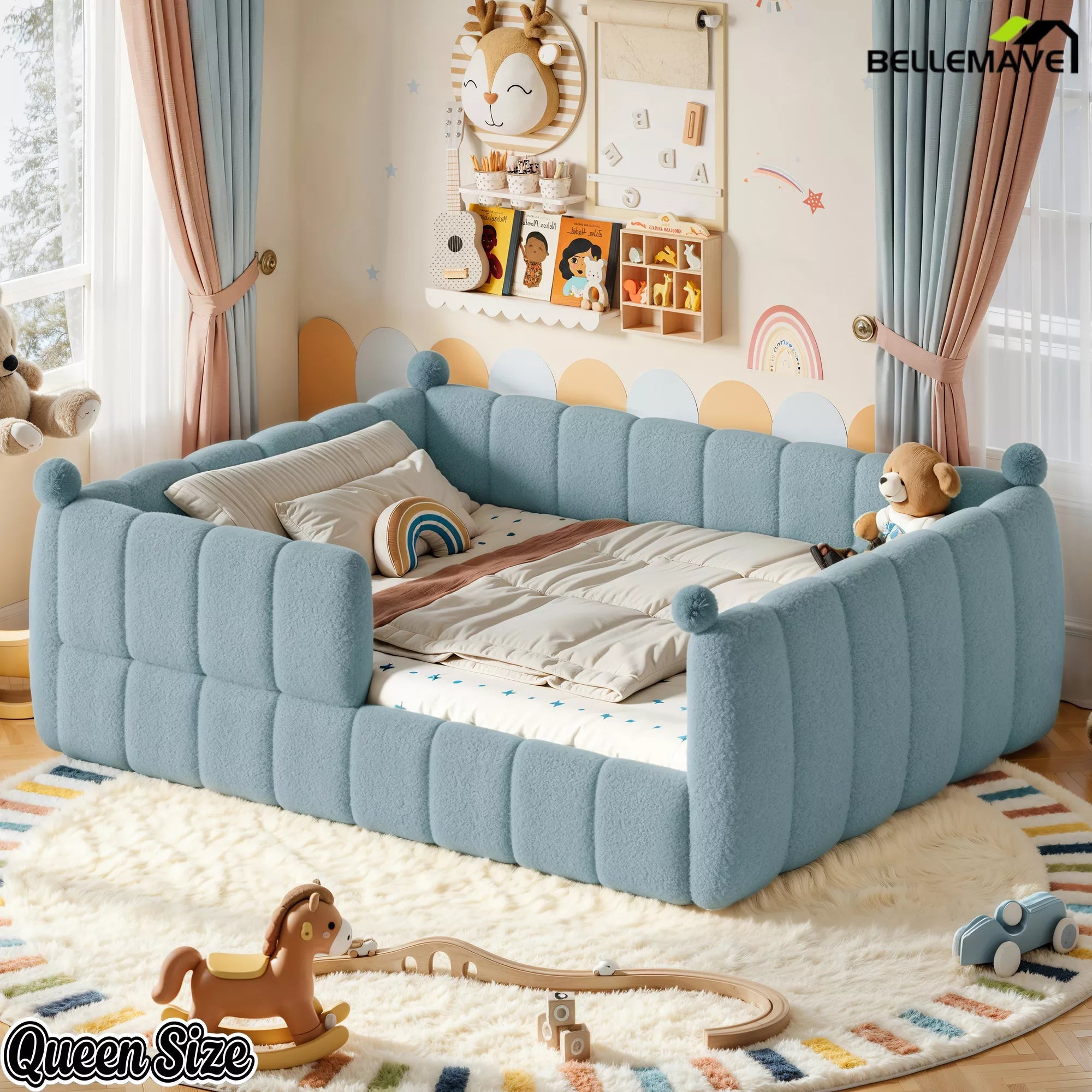 Blue queen size kids floor bed shown from a bedroom corner angle