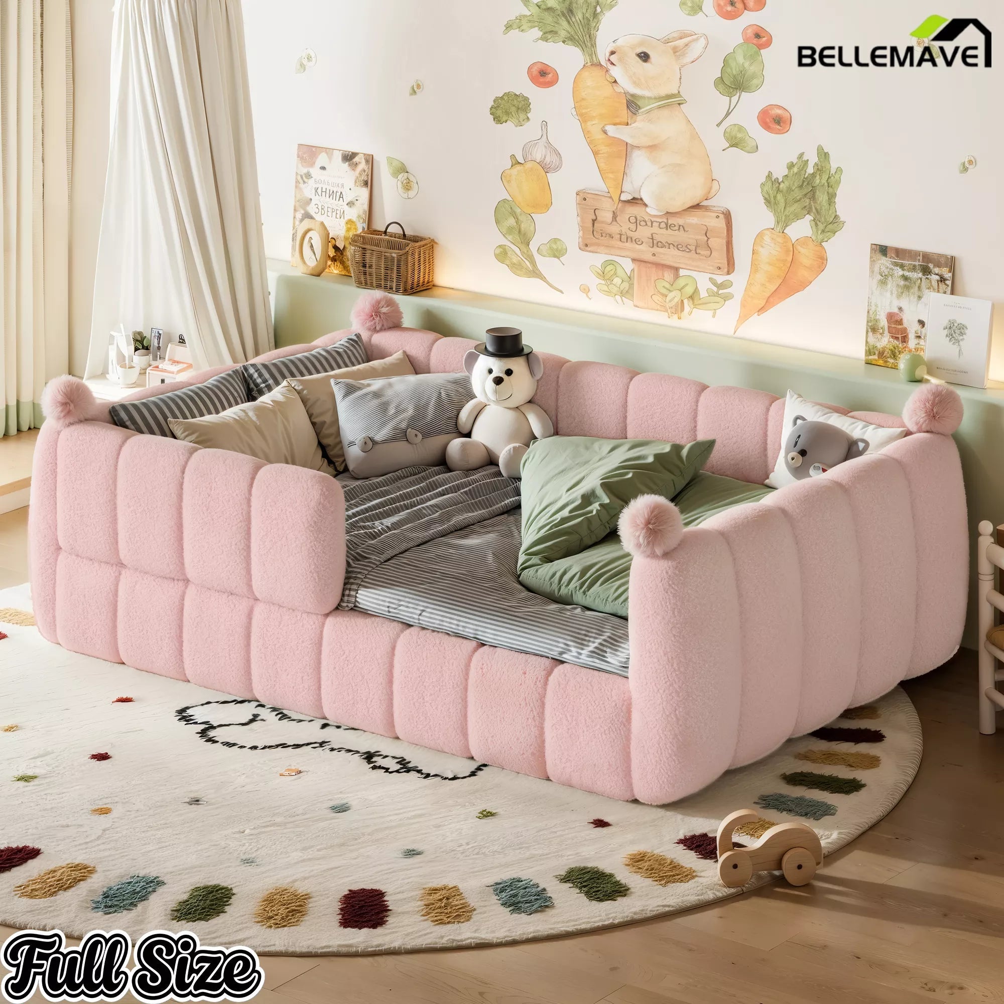 Pink upholstered full size kids floor bed displayed in a bedroom setting