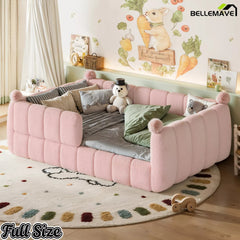 Pink upholstered full size kids floor bed displayed in a bedroom setting