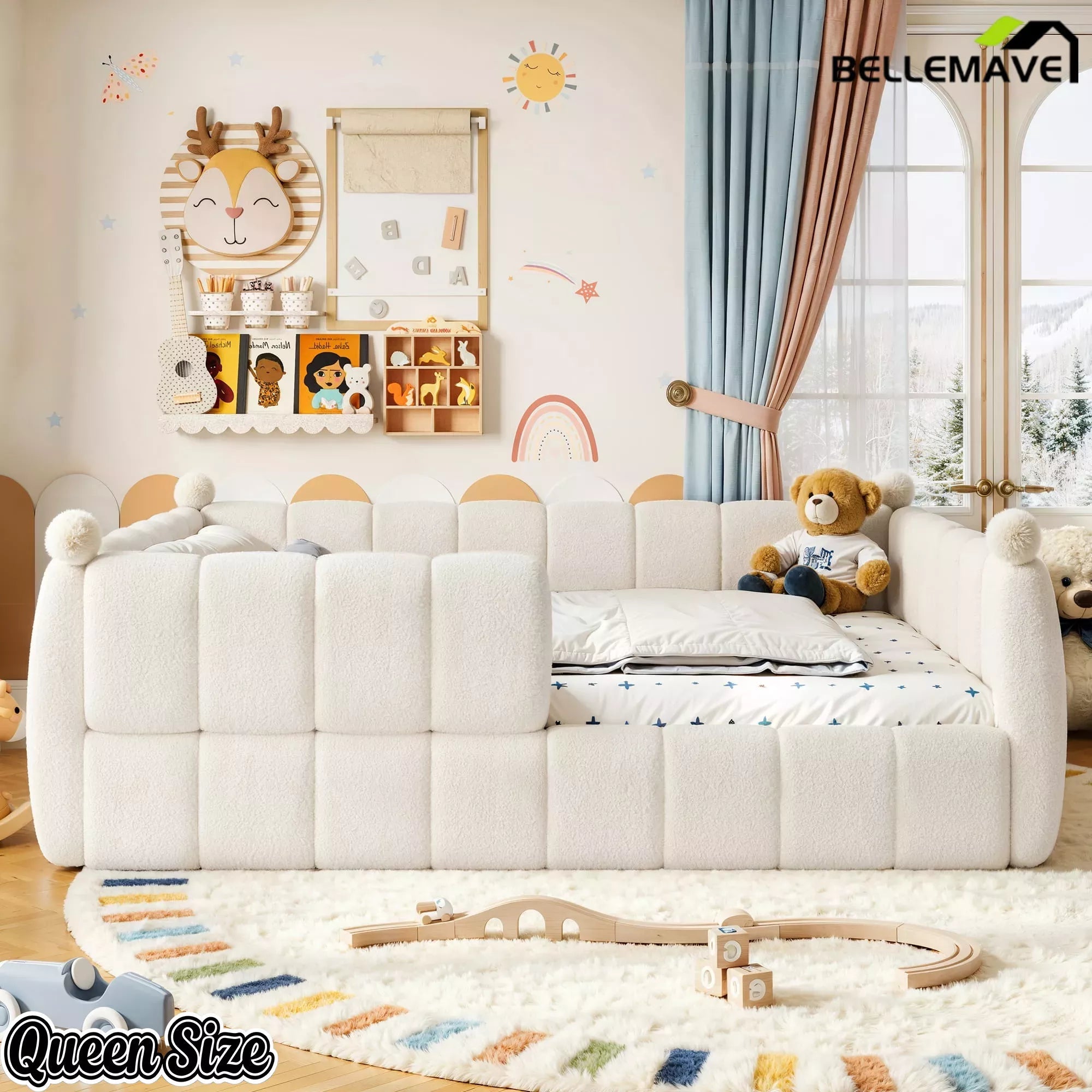Bellemave® Kids Soft Upholstered Floor Bed with Surrounding Rails, Montessori Style Low Profile Bed Frame - Bellemave