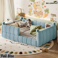 Blue full size soft upholstered floor bed shown from an angled view