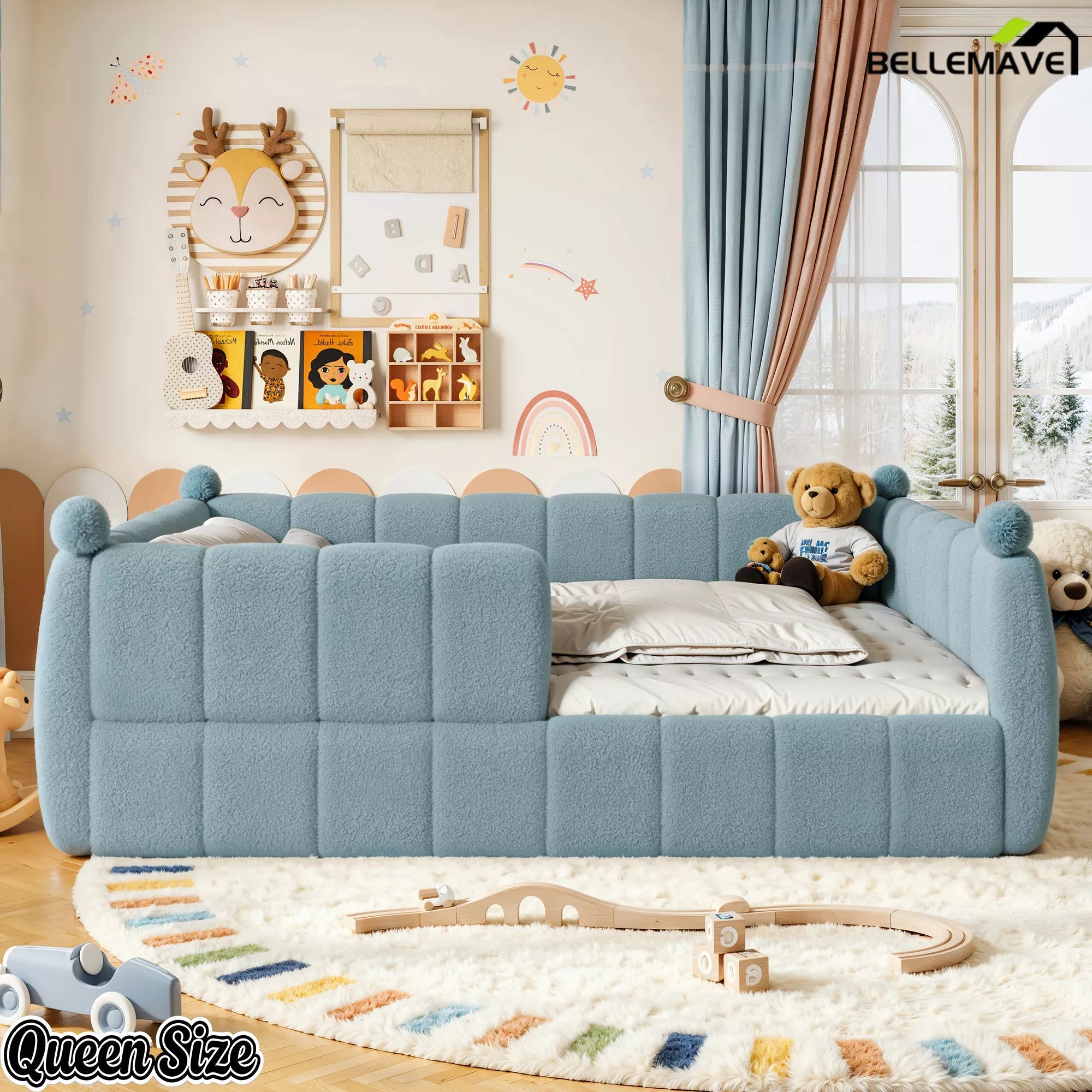 Blue upholstered queen floor bed displayed from the front