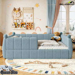 Blue upholstered queen floor bed displayed from the front