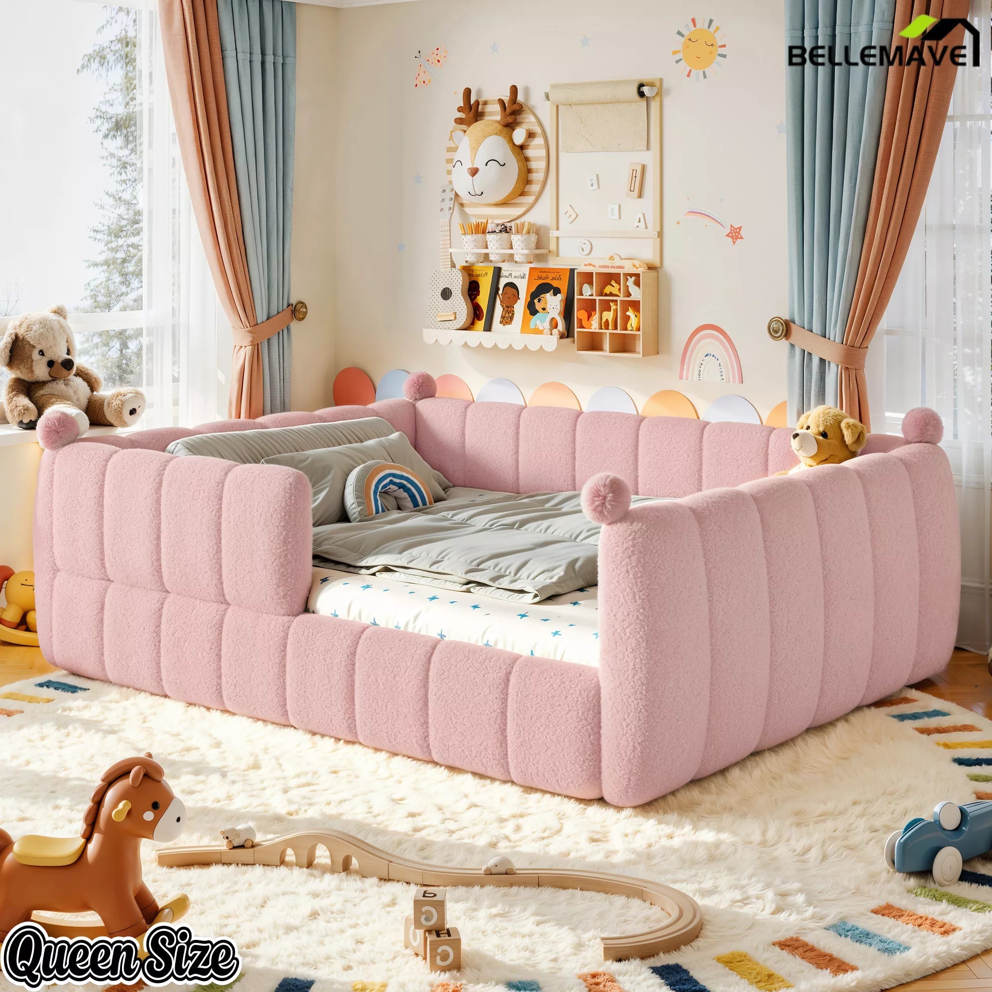 Pink upholstered queen floor bed viewed from an angled perspective