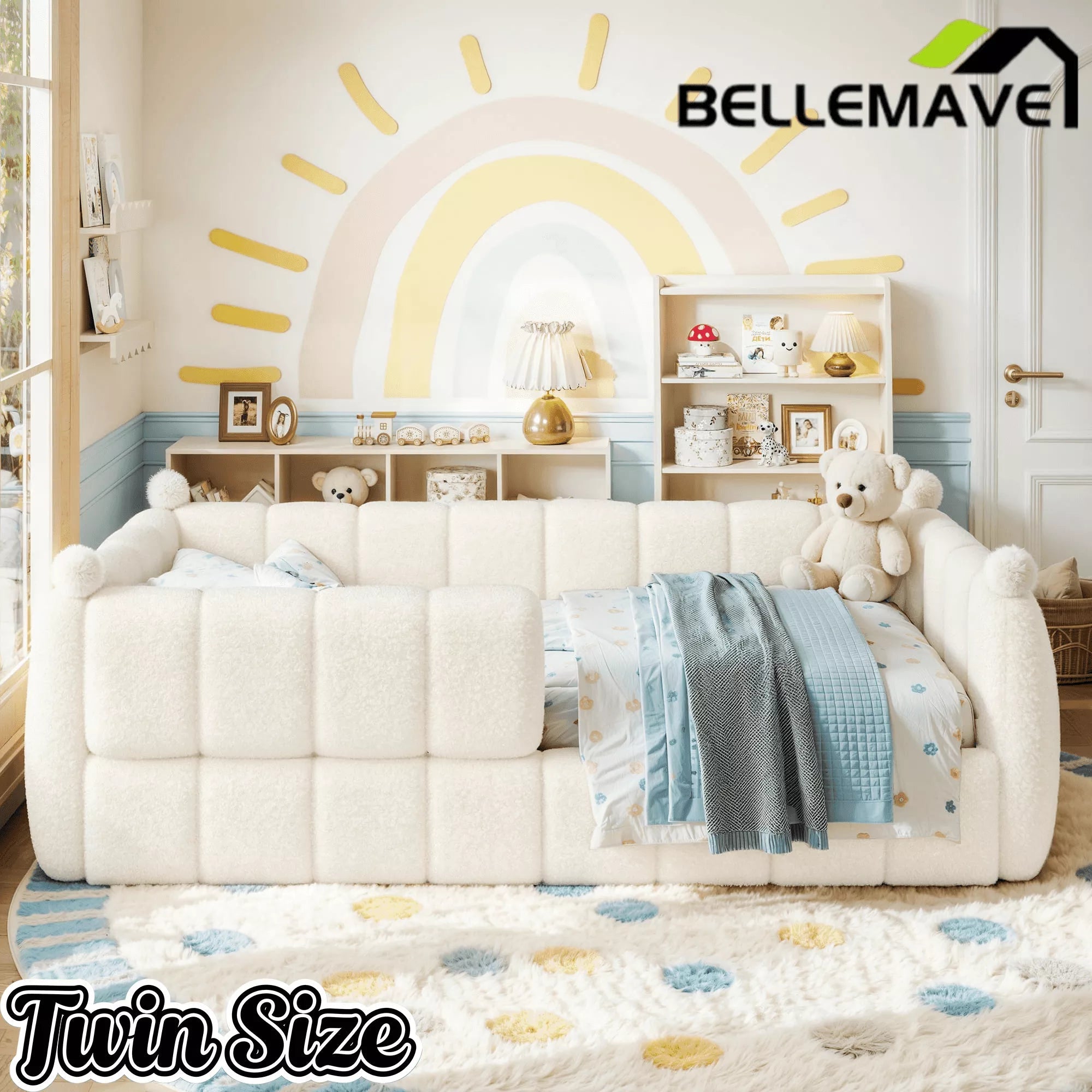 Bellemave® Kids Soft Upholstered Floor Bed with Surrounding Rails, Montessori Style Low Profile Bed Frame - Bellemave