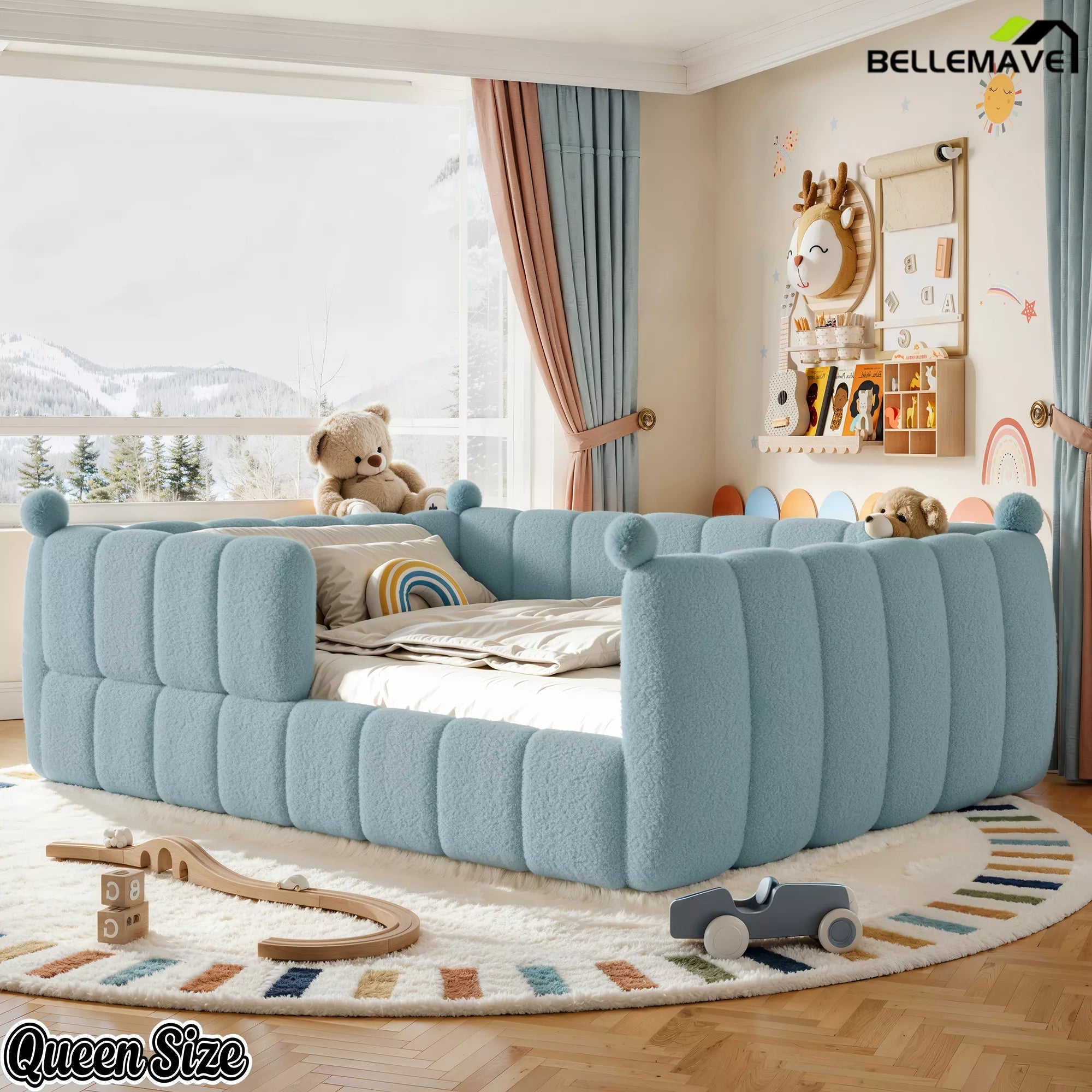 Blue queen floor bed shown from an angled view with surrounding padded rails